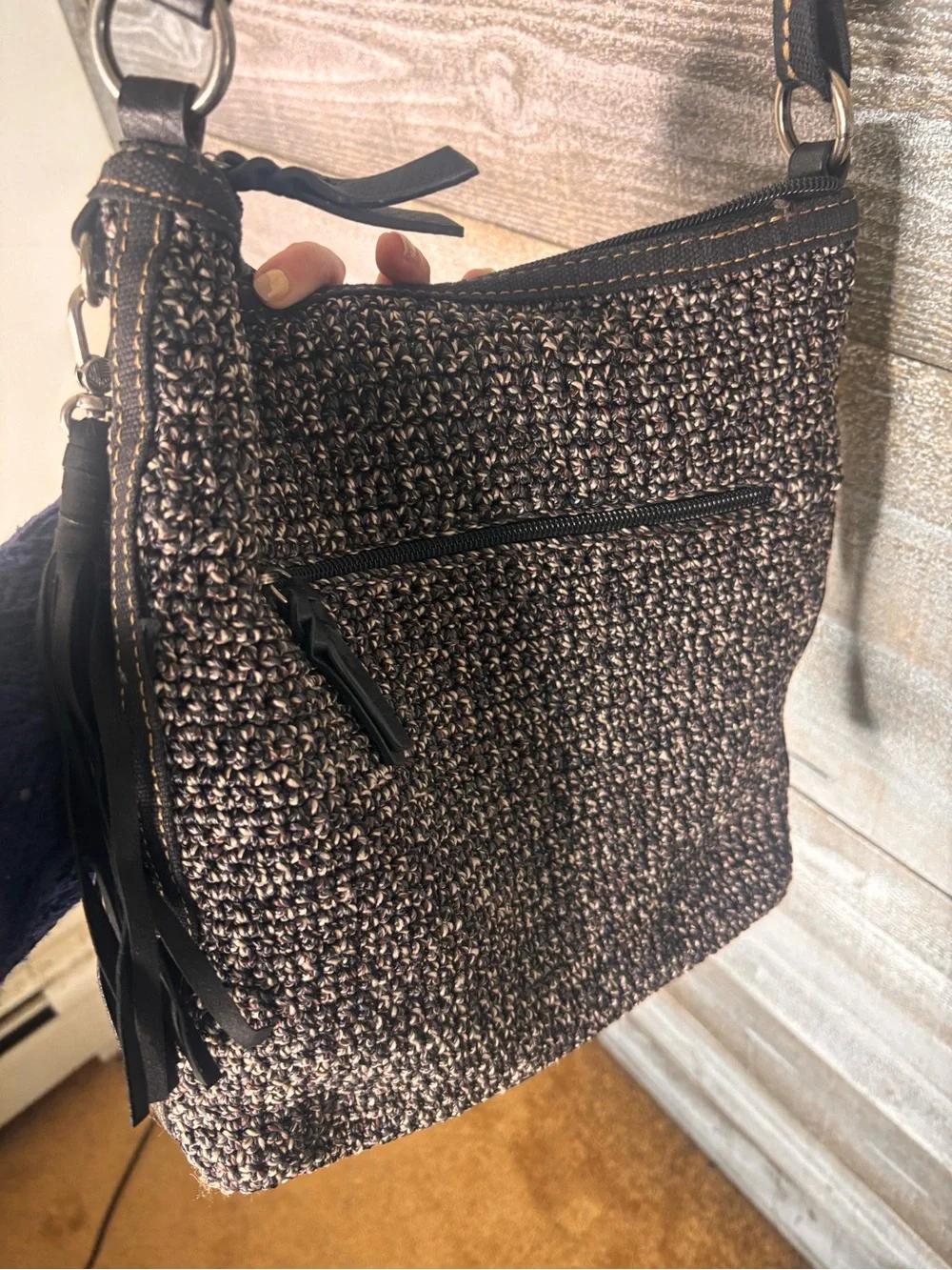 The Sak Urban Static Woven Crossbody Bag with Tassel Accent - Black grey